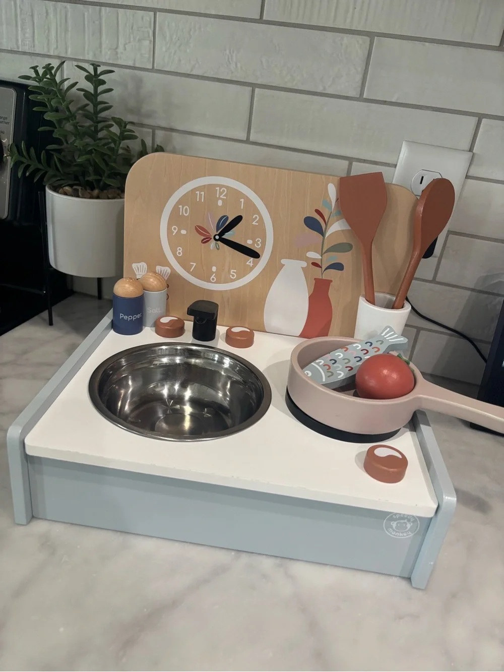 Wooden Play Kitchen Table Set with 8 Accessories - Pink & Blue